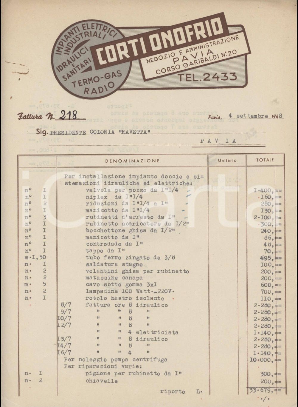 1948 PAVIA C.so Garibaldi Onofrio CORTI Istallazione impianto idraulico *Fattura