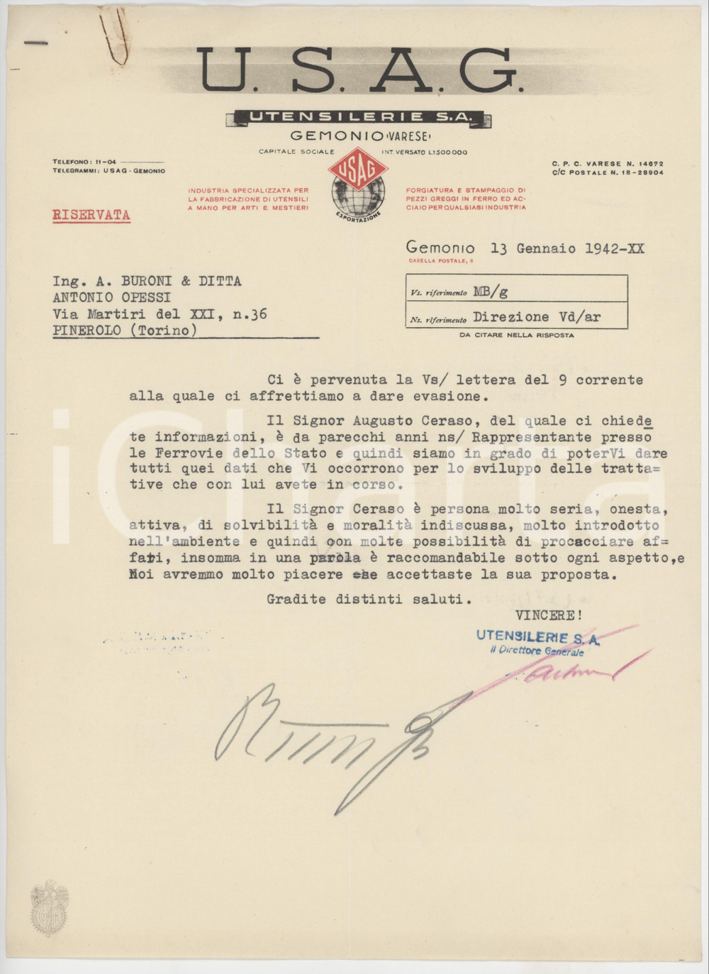 1942 GEMONIO (VA) U.S.A.G. Utensilerie S.A. - Lettera commerciale