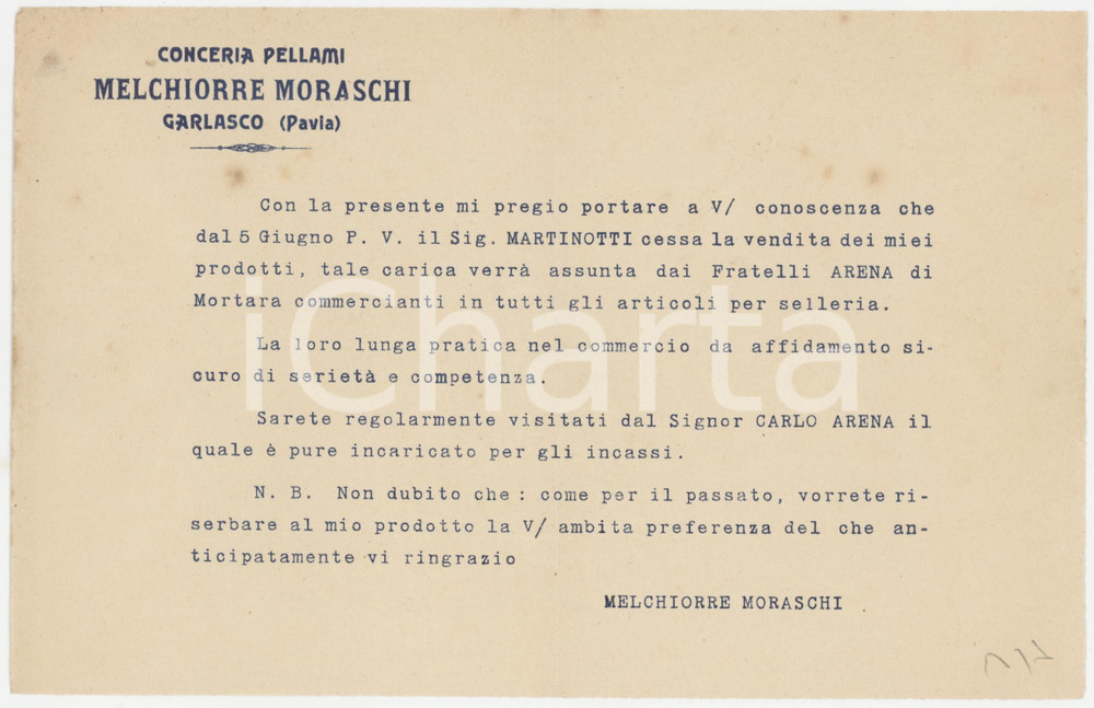 1920 ca GARLASCO (PV) Melchiorre MORASCHI Conceria Pellami - Lettera commerciale