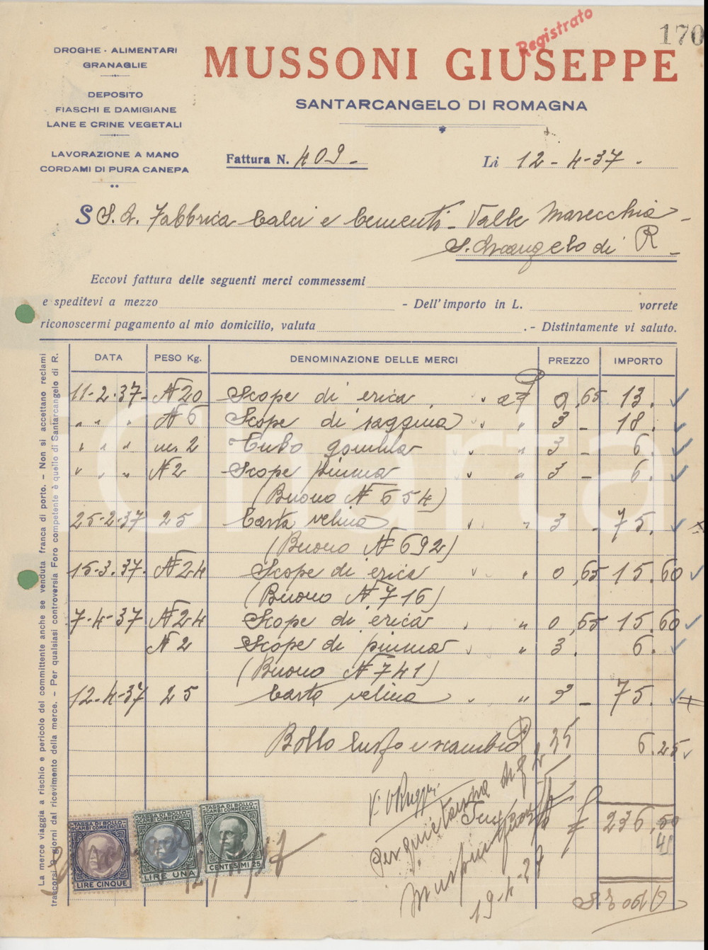1937 SANTARCANGELO DI ROMAGNA - Giuseppe MUSSONI Drogheria - Fattura commerciale