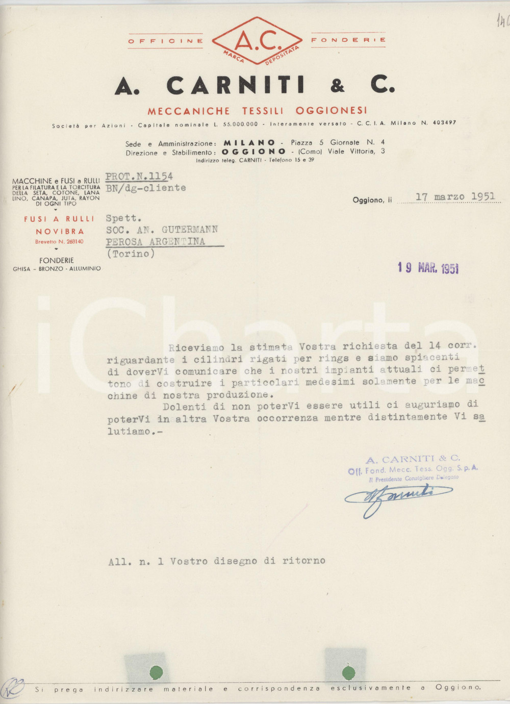 1951 OGGIONO (LC) A. CARNITI & C. Officine Fonderie meccaniche tessili - Lettera