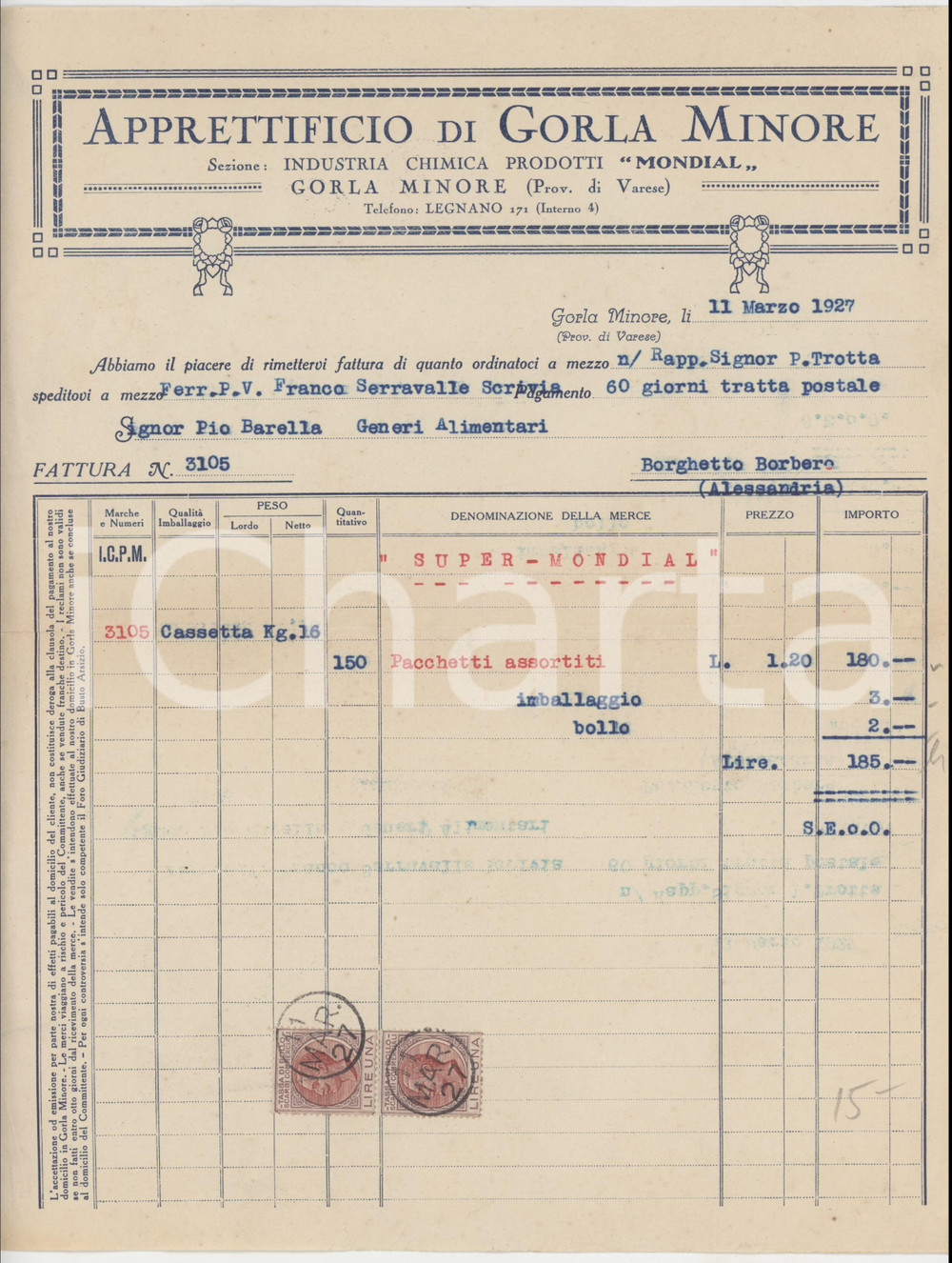 1927 GORLA MINORE (VA) Apprettificio Industria Chimica Prodotti MONDIAL *Fattura