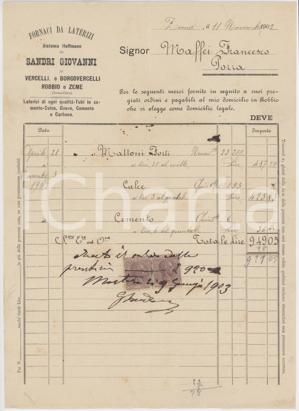 1903 ZEME (PV) Giovanni SANDRI Fornaci da laterizi Sistema Hoffmann - Fattura