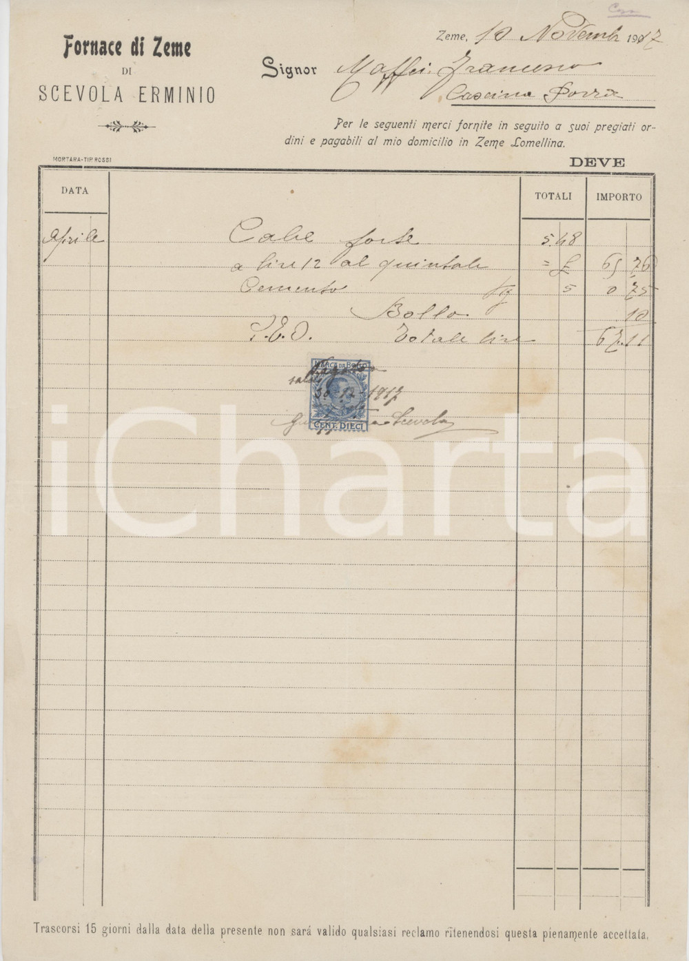1917 ZEME (PV) Erminio SCEVOLA Fornace - Fattura per calce forte e cemento