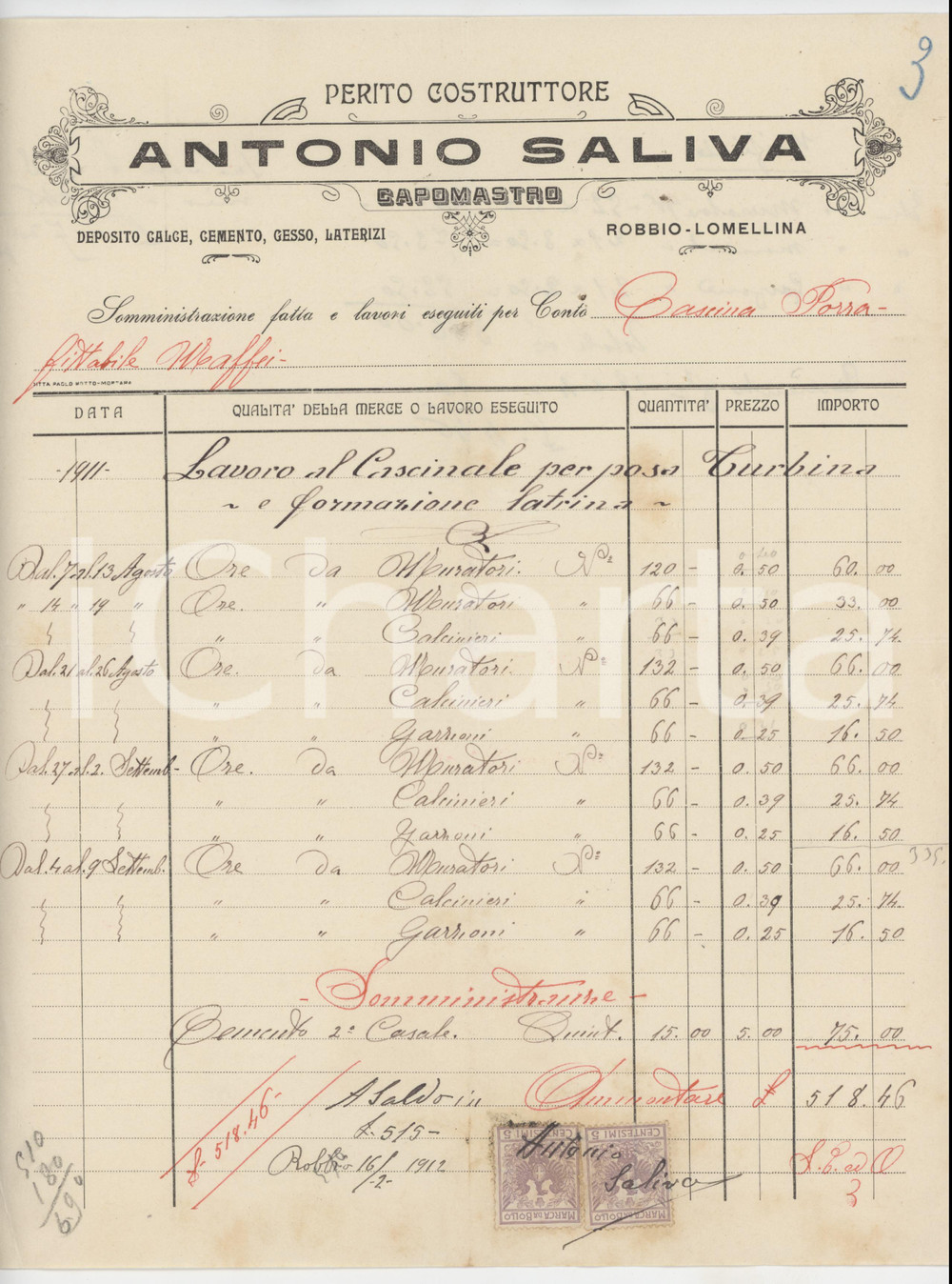 1912 ROBBIO - LOMELLINA (PV) Antonio SALIVA Perito costruttore - Fattura