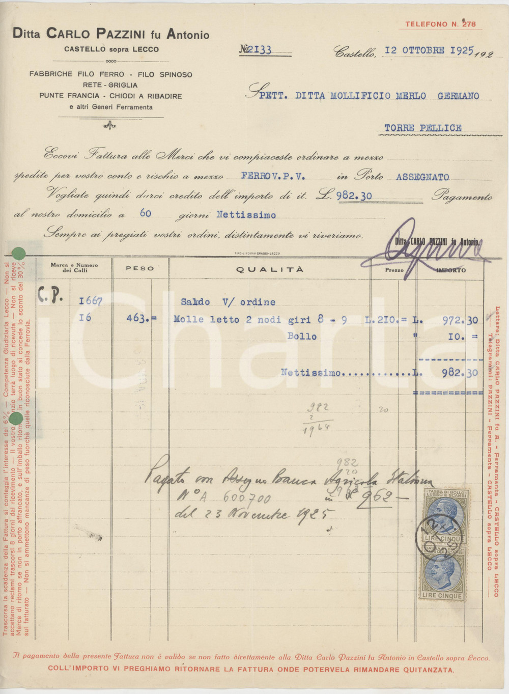 1925 CASTELLO (LC) Ditta Carlo PAZZINI fu Antonio - Fattura per molle letto