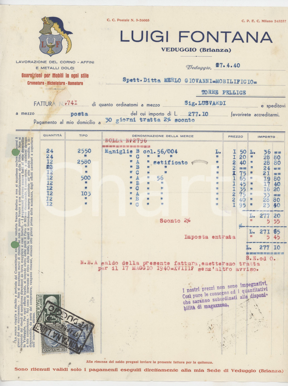 1940 VEDUGGIO CON COLZANO (MB) Luigi FONTANA Guarnizioni per mobili - Fattura