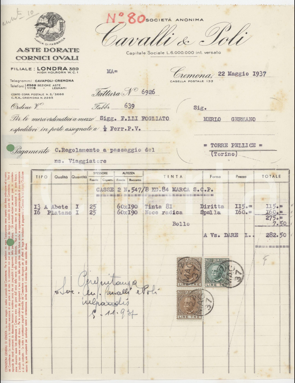 1937 CREMONA S.A. CAVALLI e POLI Aste dorate Cornici ovali - Fattura commerciale