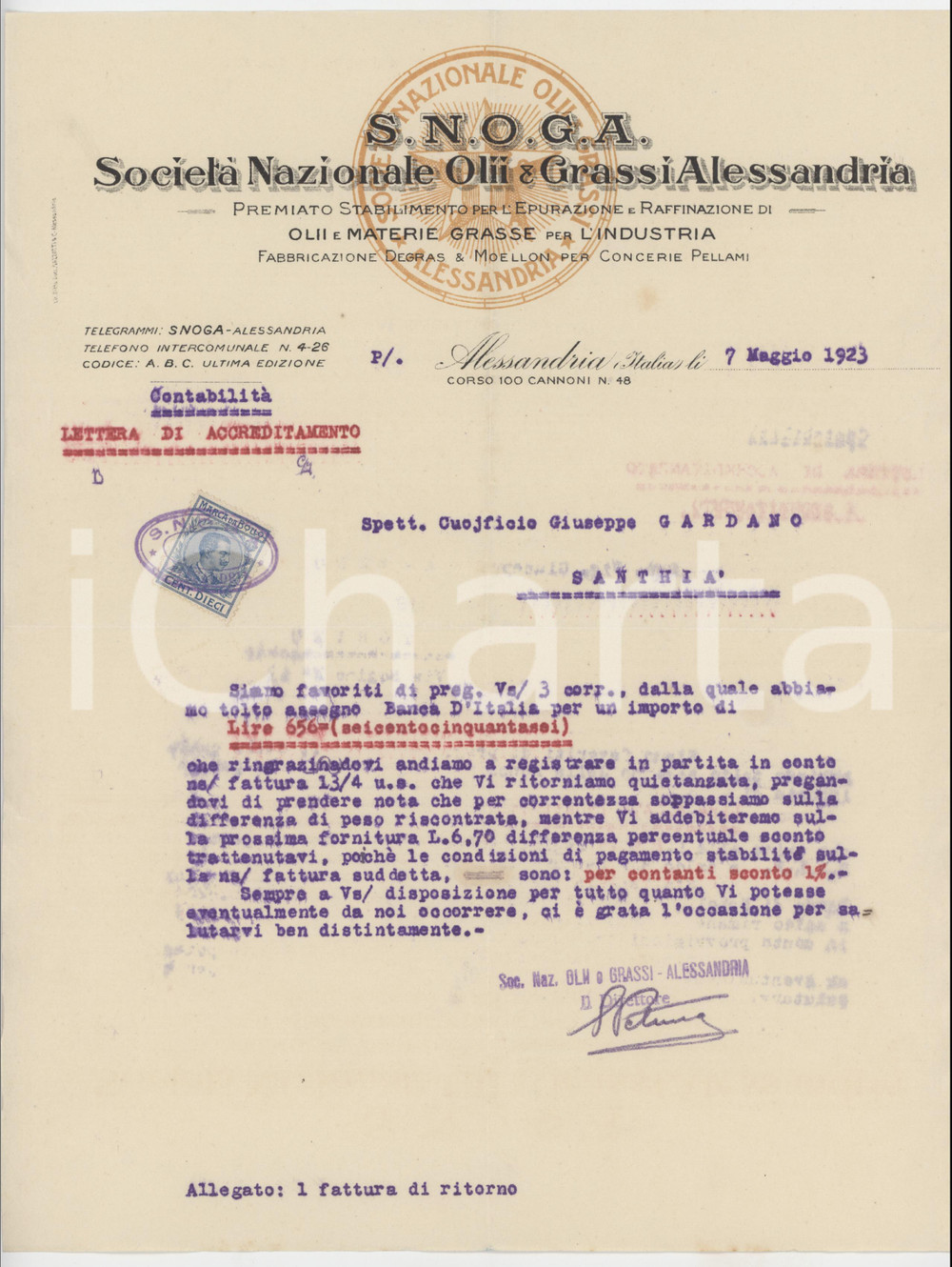 1923 ALESSANDRIA C.so 100 Cannoni SNOGA Società Nazionale Olii e Grassi *Lettera
