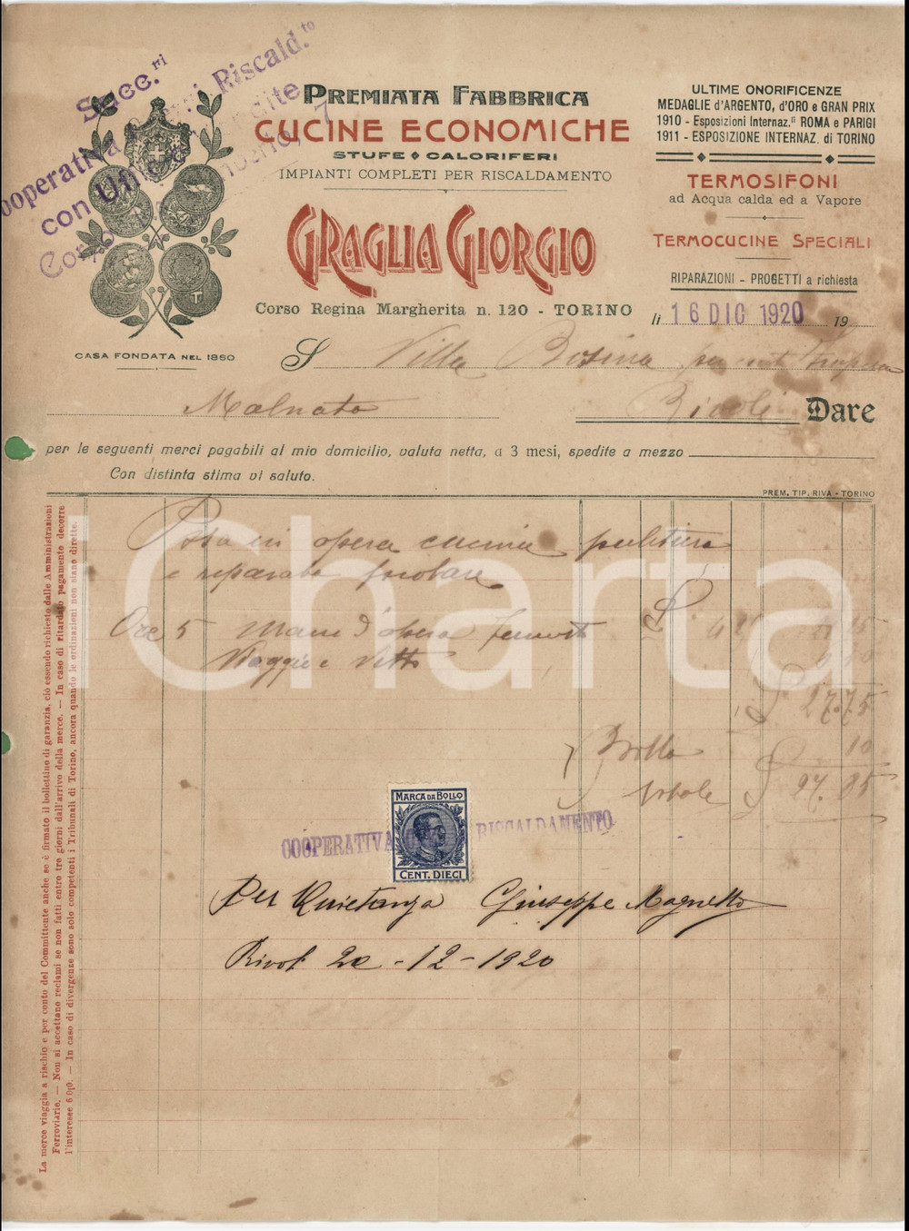 1920 TORINO C.so Regina Margherita - Giorgio GRAGLIA Cucine economiche - Fattura