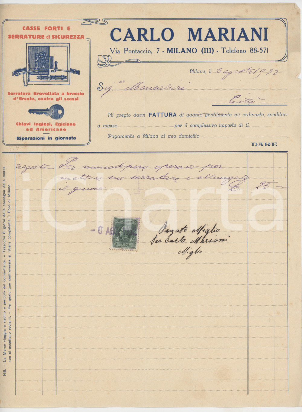1932 MILANO Via Pontaccio 7 - Carlo MARIANI Casse forti e serrature - Fattura