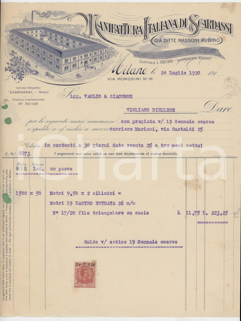 1920 MILANO Via Morosini Ditte MASSONI RUBINO Manifattura di scardassi - Fattura