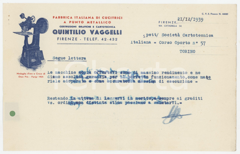 1939 FIRENZE Via Cittadella 34 Quintilio VAGGELLI Fabbrica di cucitrici *Lettera