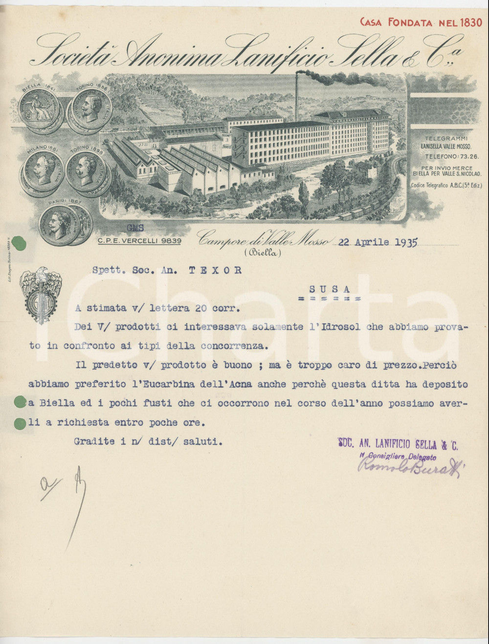 1935 CAMPORE DI VALLE MOSSO (BI) Società Anonima Lanificio SELLA & C. - Lettera