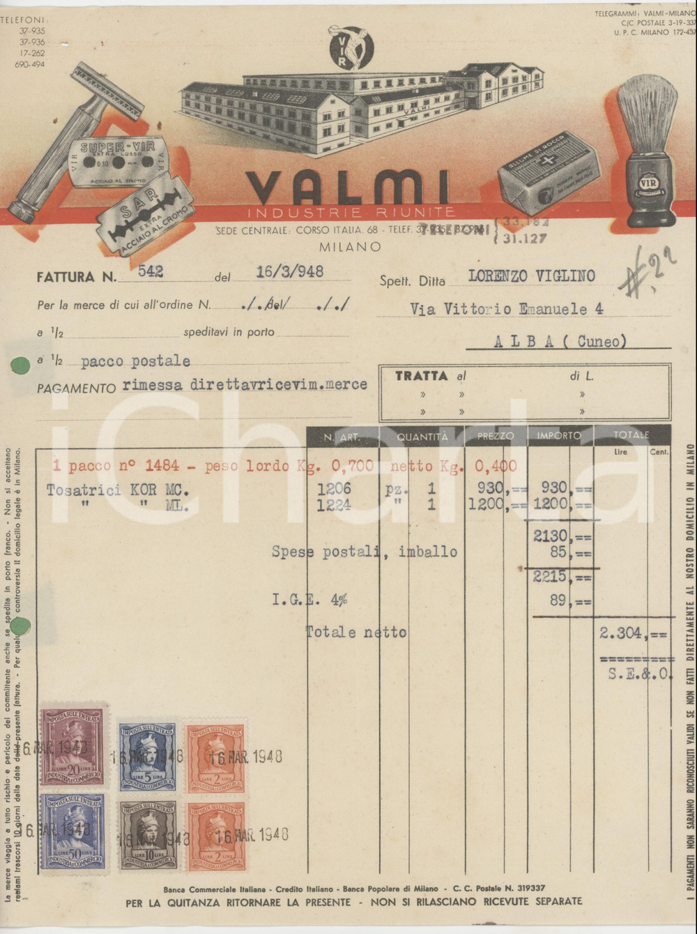 1948 MILANO Corso Italia 68 VALMI Industrie Riunite - Fattura per tosatrici Kor