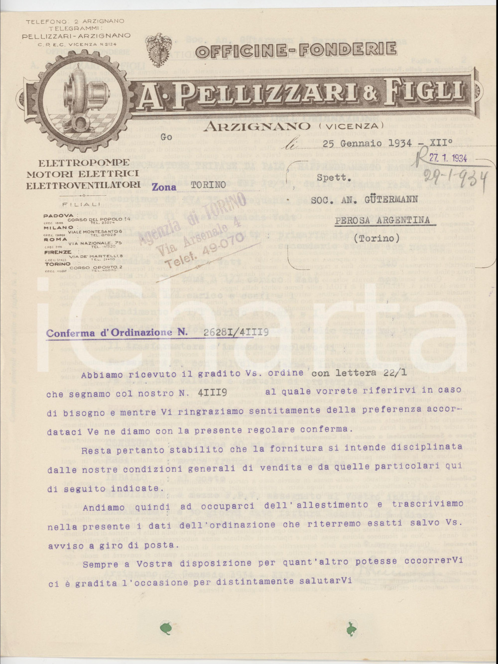 1934 ARZIGNANO A. PELLIZZARI & Figli Officine Fonderie *Lettera commerciale 1 Lettera commerciale d'epoca dattiloscritta, su carta intestata.PAGINE: 2 FAIR/discreto piegature d'epoca; fori da classificatore Formato: 23x28 cm originale e autentica 1