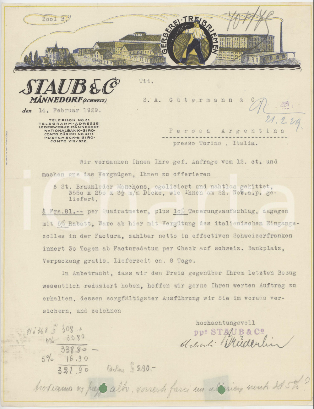 1929 MÄNNEDORF (SCHWEIZ) STAUB & Co. Conceria Cinghie di trasmissione - Lettera