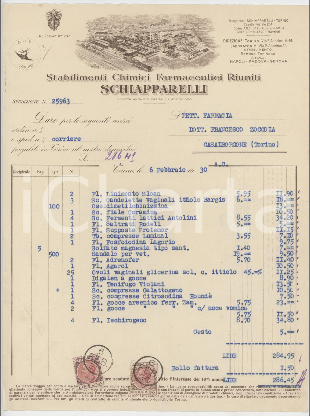 1930 TORINO Via S. Anselmo - SCHIAPPARELLI Stabilimenti Farmaceutici - Fattura