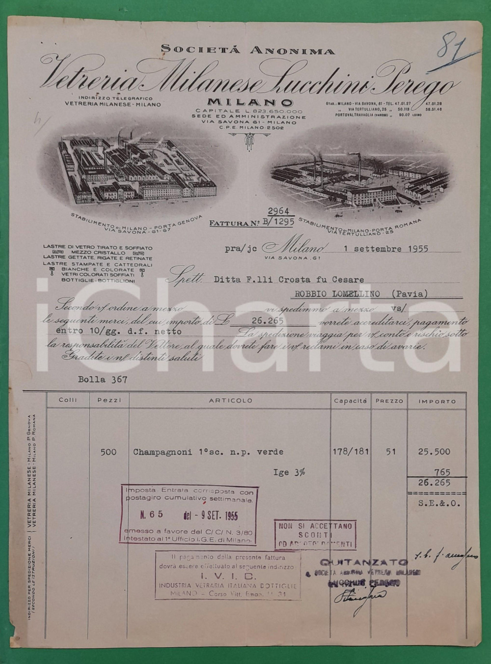 Documento originale, autentico 1955 MILANO Via Savona 61 S.A. LUCCHINI PEREGO  Vetreria Milanese  Fattura 1