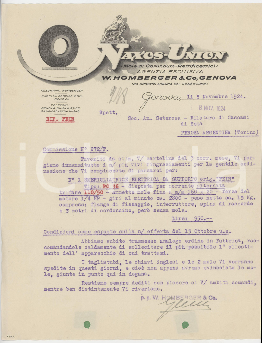 Documento originale, autentico 1924 GENOVA Via Brigata Liguria 63  W. HOMBERGER & Co. NAXOS UNION  Lettera 1