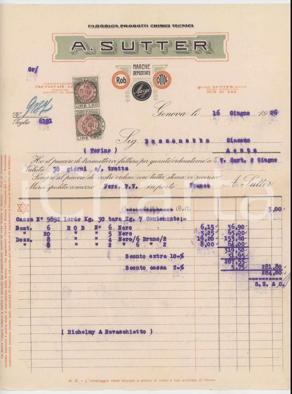 Documento originale, autentico 1926 GENOVA A. SUTTER Fabbrica prodotti chimici tecnici  Fattura commerciale 1