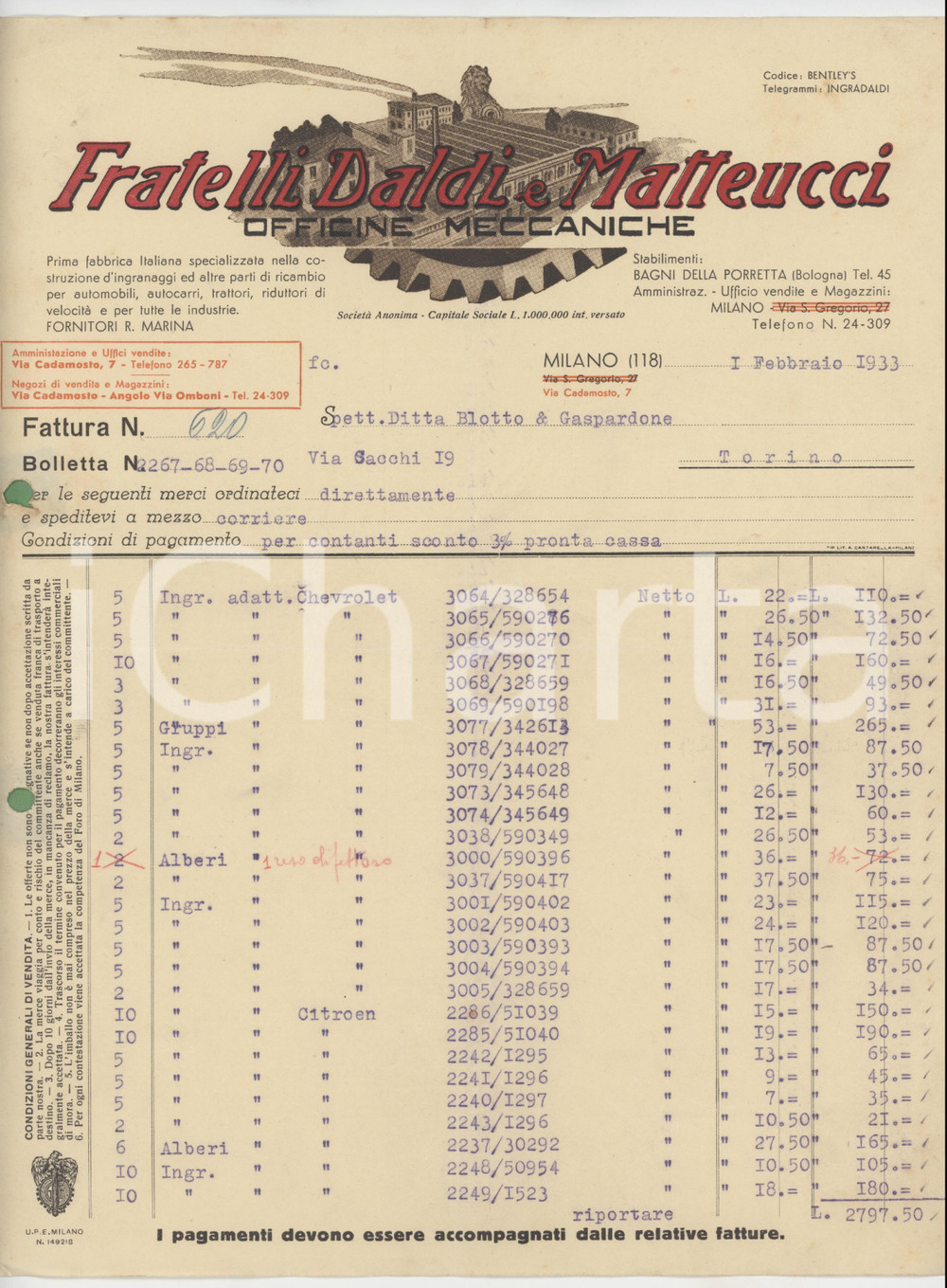 1933 MILANO Via Cadamosto Fratelli DALDI MATTEUCCI Officine meccaniche - Fattura