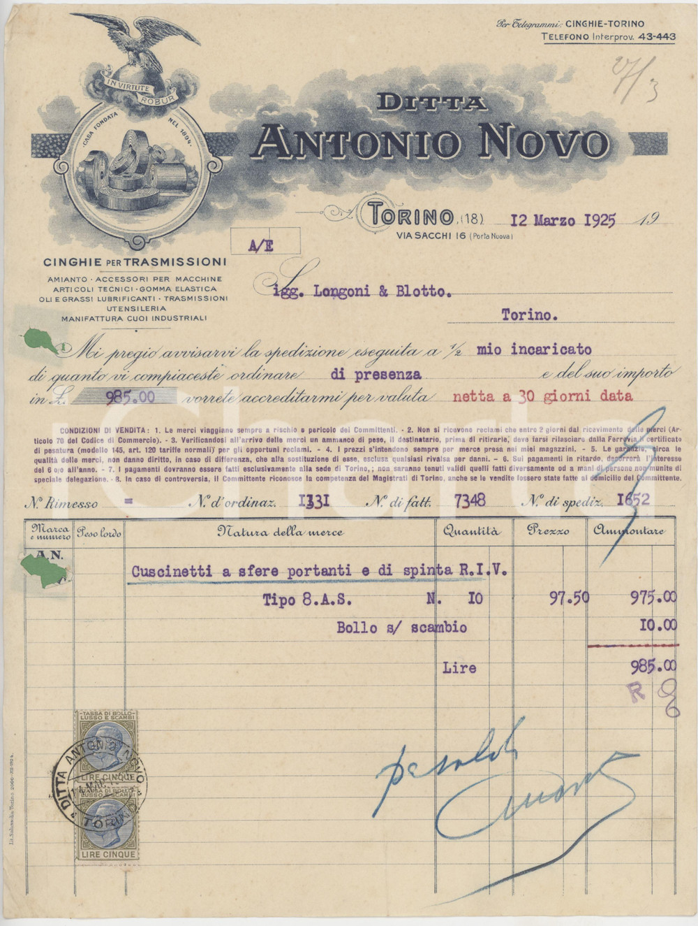 Documento originale, autentico 1925 TORINO Via Sacchi 16  Ditta Antonio NOVO Cinghie trasmissioni  Fattura 1