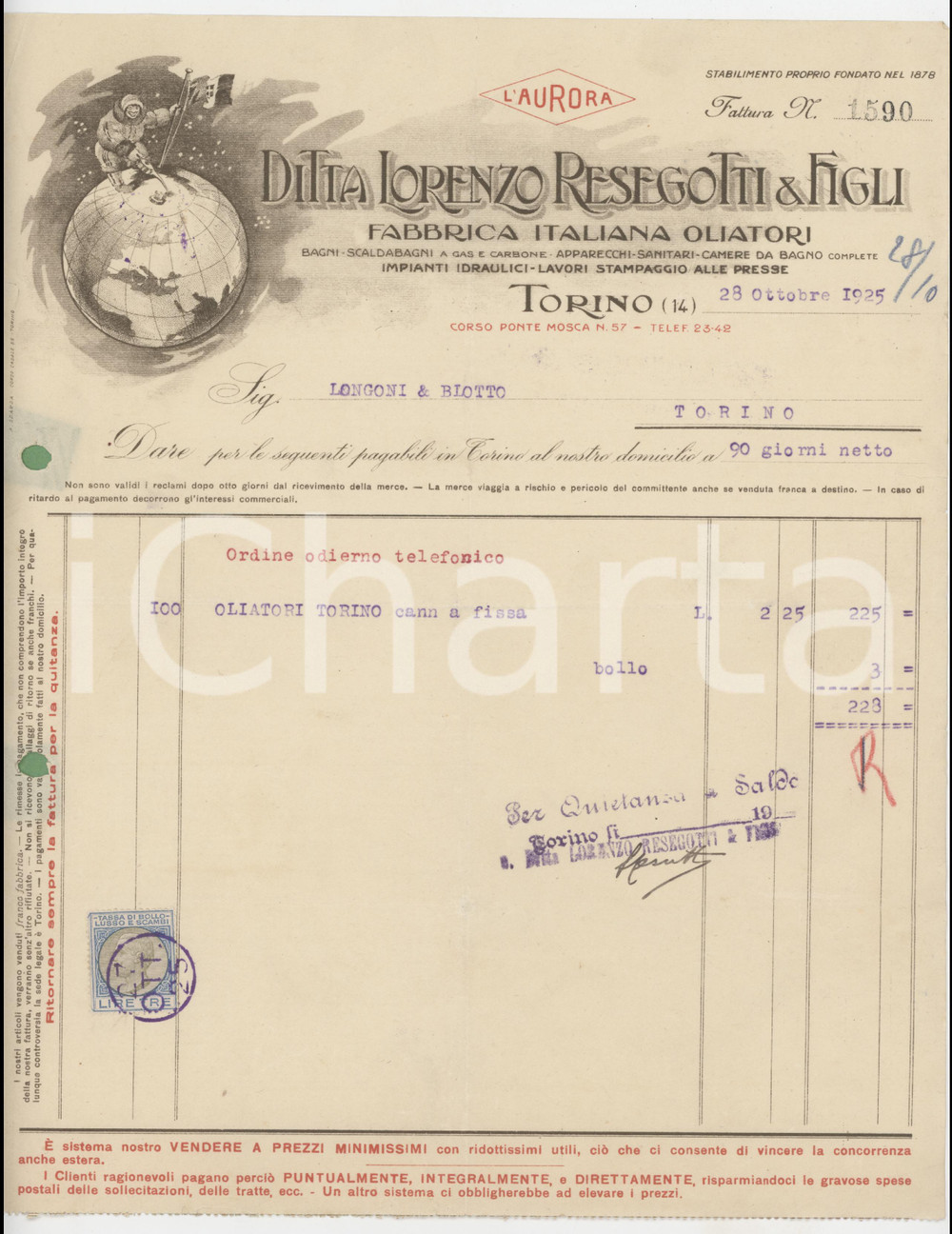 Documento originale, autentico 1925 TORINO C.so Ponte Mosca 57 Lorenzo RESEGOTTI & Figli  Fattura per oliatori 1