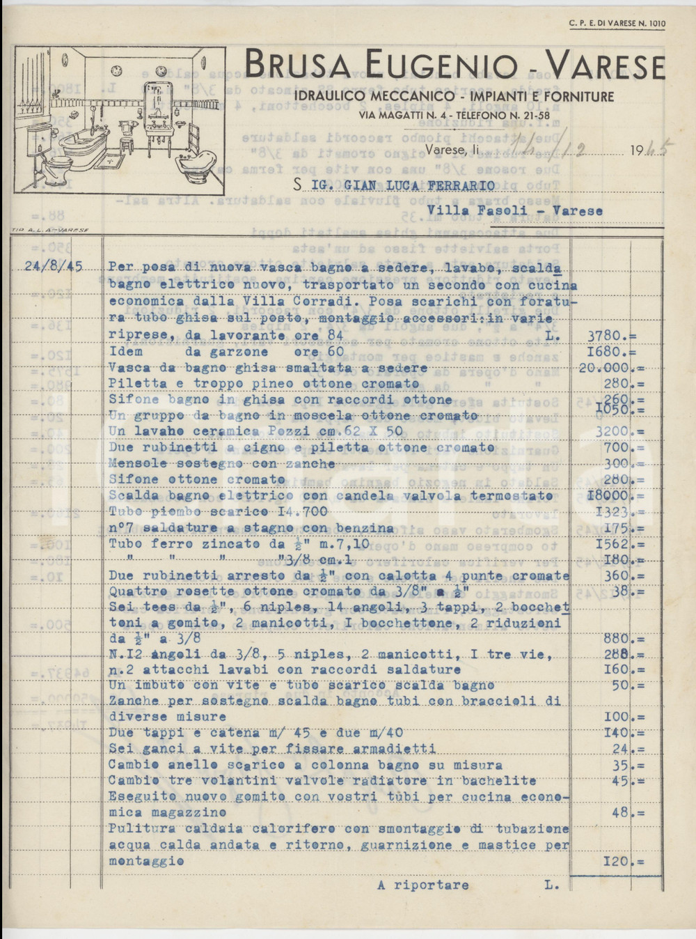 Documento originale, autentico 1945 VARESE Via Magatti 4 Eugenio BRUSA Idraulico Impianti e forniture  Fattura 1
