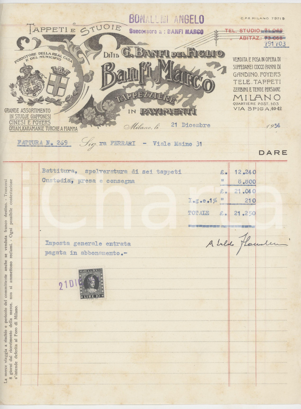 1954 MILANO Via Spiga Ditta G. BANFI del Figlio Marco BANFI Tappezziere *Fattura