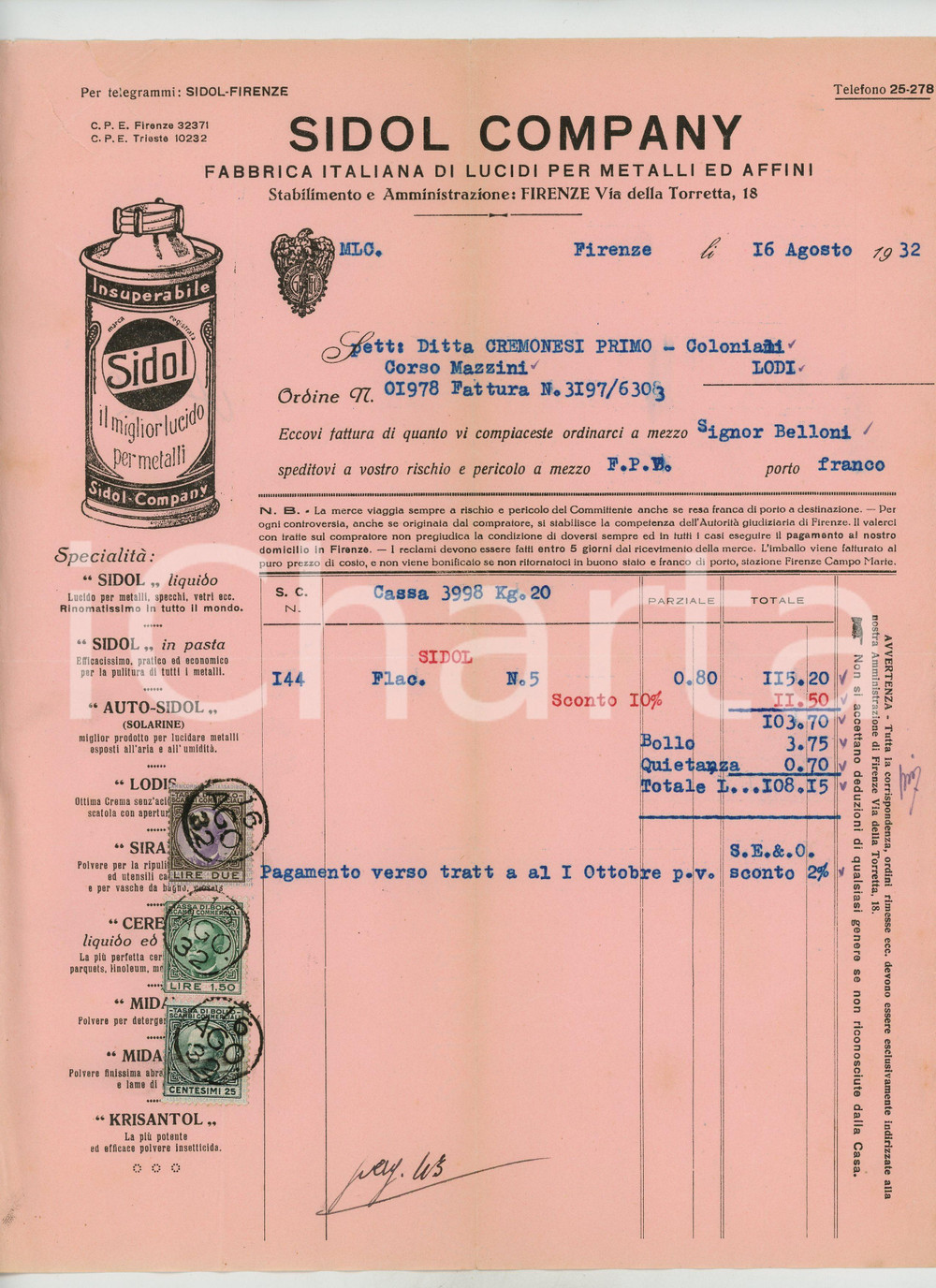 Documento originale, autentico 1932 FIRENZE Via della Torretta 18  SIDOL Company Lucidi per metalli  Fattura 1