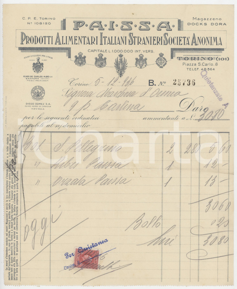 Documento originale, autentico 1936 TORINO Piazza S. Carlo 8  P.A.I.S.S.A. Prodotti Alimentari S.A.  Fattura 1