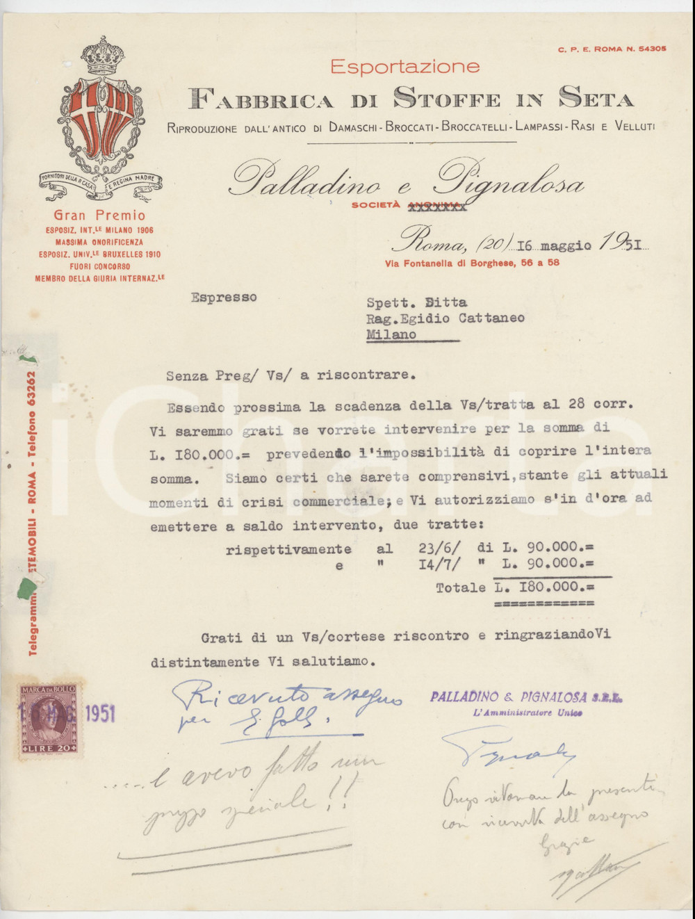 1951 ROMA Via Fontanella di Borghese - PALLADINO e PIGNALOSA Setificio - Lettera