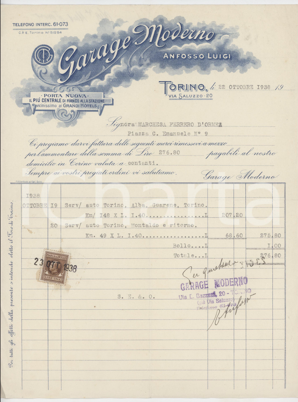 1938 TORINO PORTA NUOVA Luigi ANFOSSO Garage Moderno - Fattura per noleggio auto