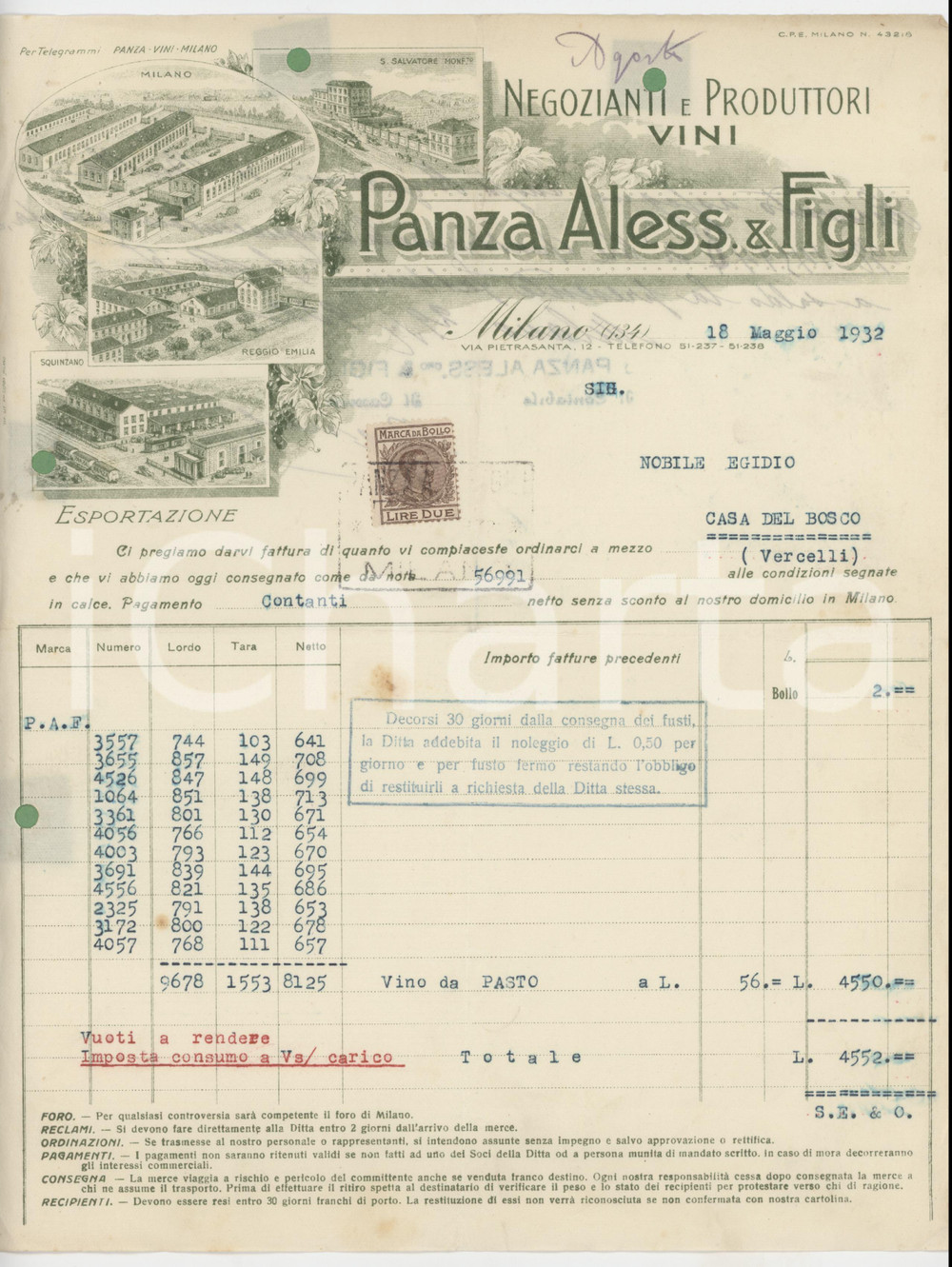 1932 MILANO Via Pietrasanta 12 - Aless. PANZA & Figli Produttori Vini - Fattura