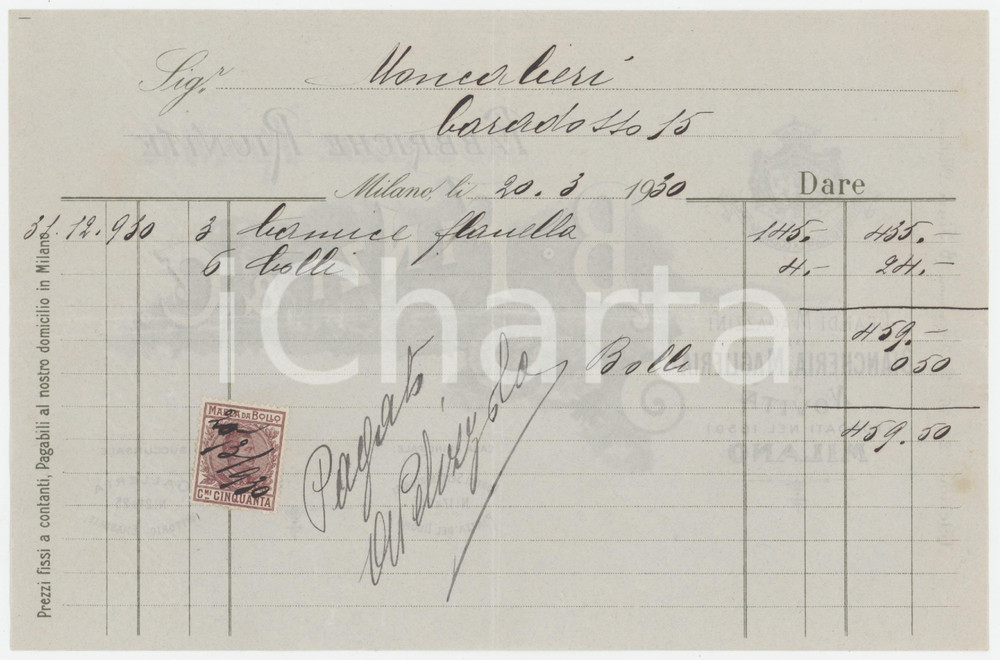 1930 MILANO Piazza Duomo B. FINZI & C. Grandi magazzini di biancheria - Fattura