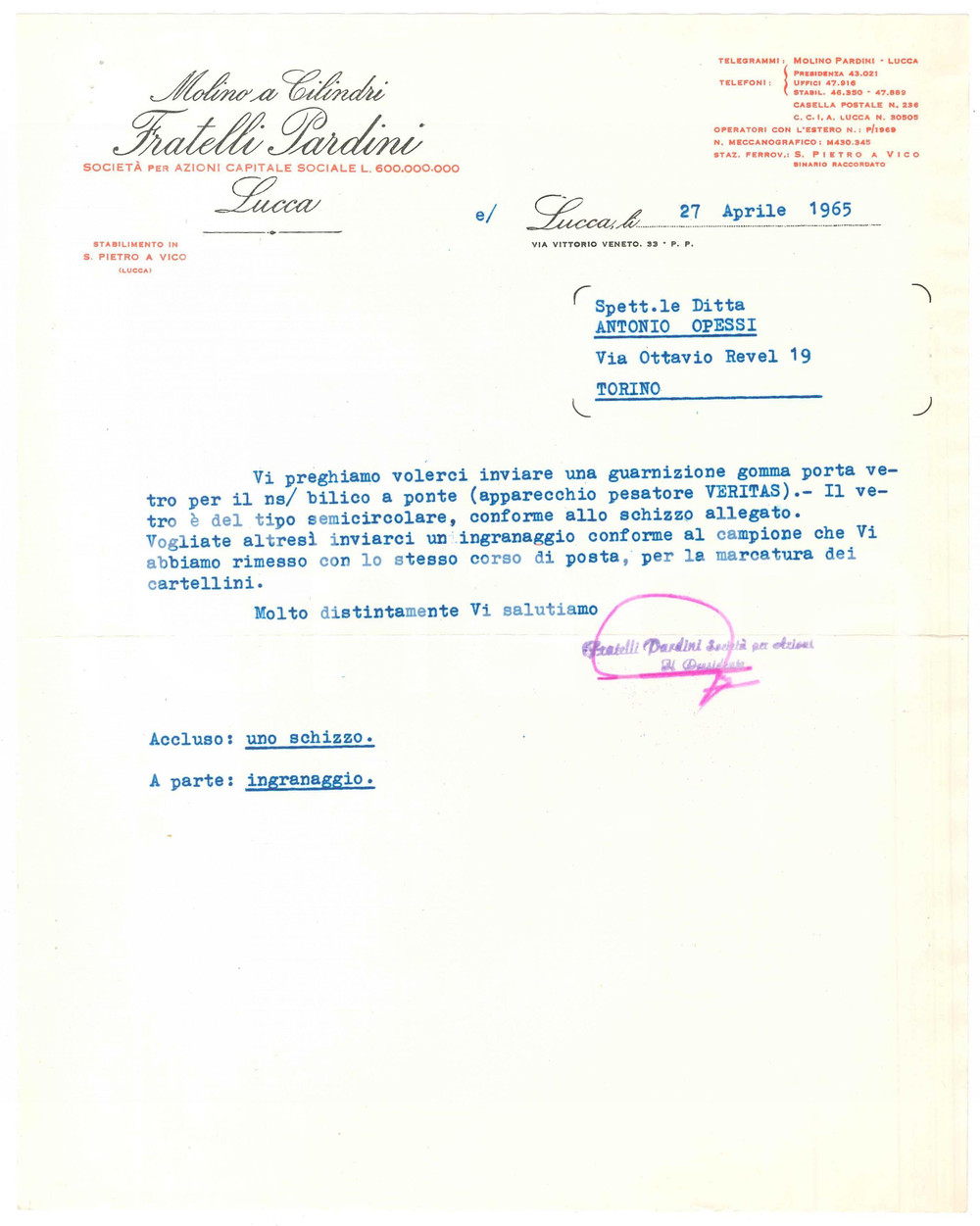 Documento originale, autentico 1965 LUCCA  Fratelli PARDINI Molino a Cilindri  Lettera commerciale 1