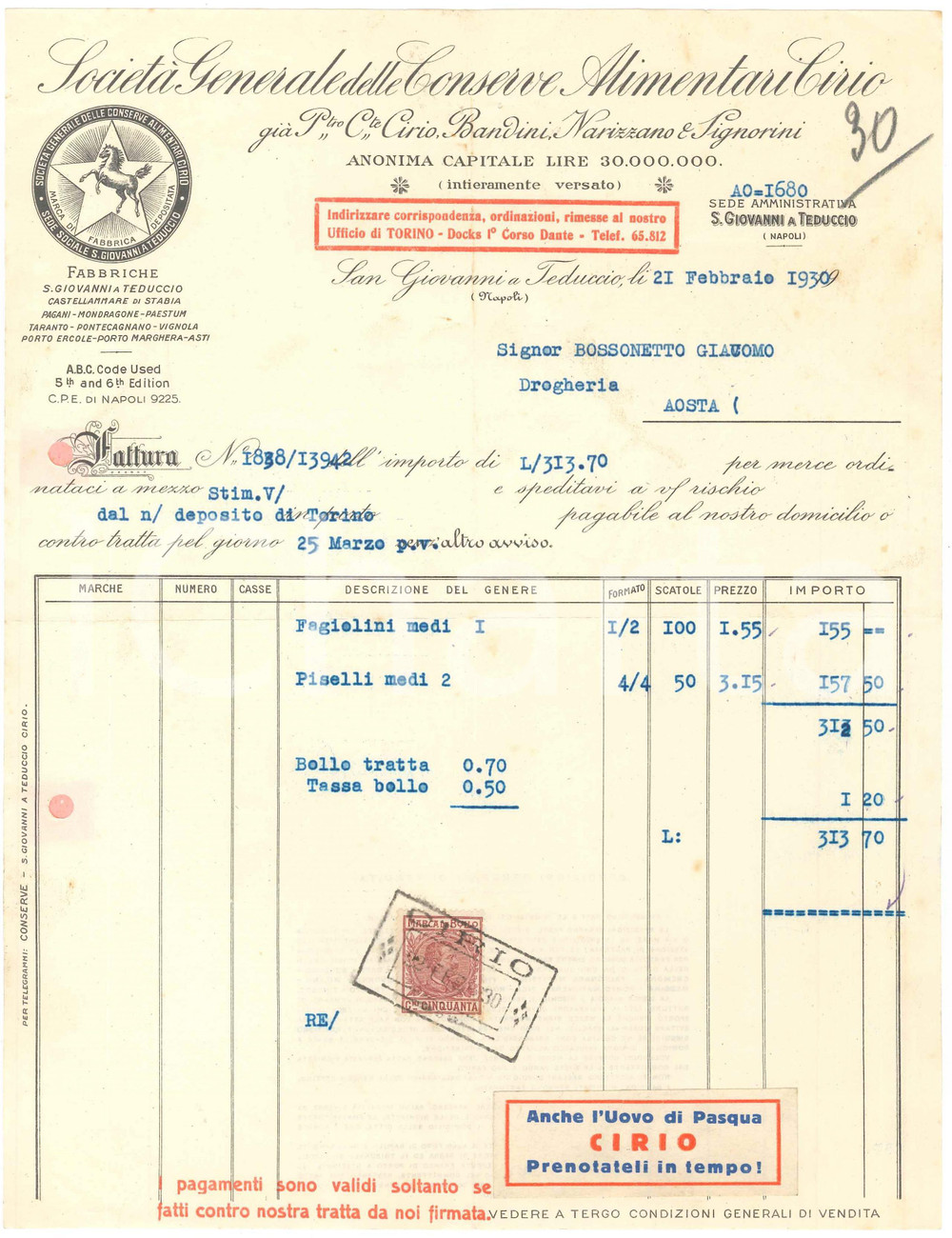 1930 SAN GIOVANNI A TEDUCCIO (NA) - CIRIO Conserve alimentari - Fattura (5)