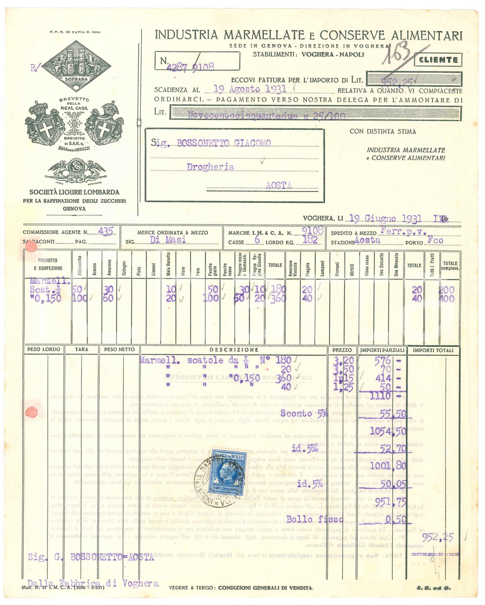 1931 VOGHERA (PV) - Industria marmellate e conserve alimentari - Fattura Fattura commerciale d'epoca dattiloscritta, su carta intestata.Presente marca da bollo.PAGINE: 1 FAIR/discreto piegature d'epoca; fori da classificatore; piccoli fori da spillatura; minime fioriture marginali Formato: 23x28 cm originale e autentica 1