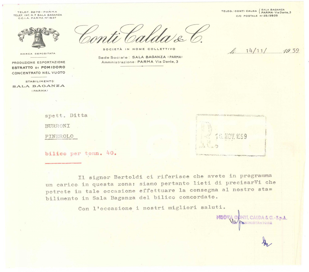1959 SALA BAGANZA (PR) - CONTI CALDA & C. Estratto di pomidoro - Lettera