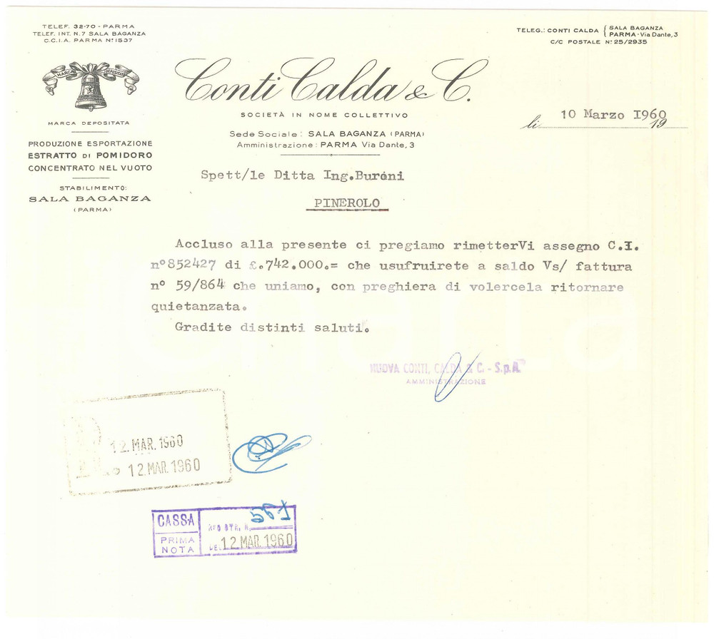 1960 SALA BAGANZA (PR) - CONTI CALDA & C. Estratto di pomidoro - Lettera
