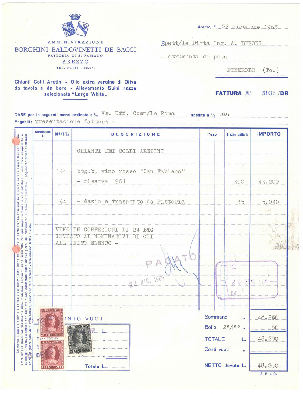 1965 AREZZO Fattoria S. Fabiano BORGHINI BALDOVINETTI DE BACCI - Fattura Chianti