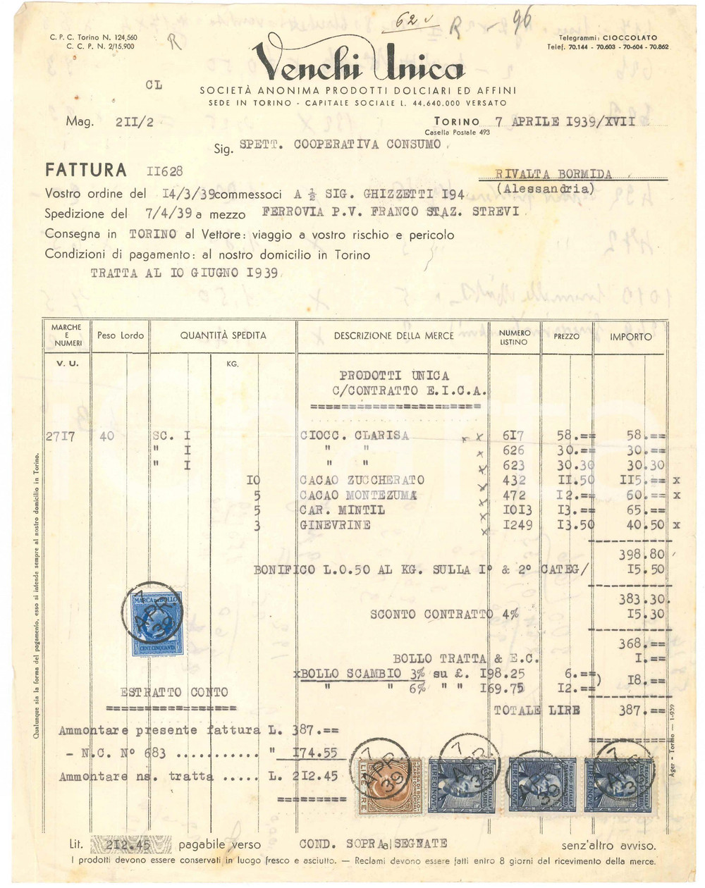 Documento originale, autentico 1939 TORINO  VENCHI UNICA SocietÃ  Anonima Prodotti dolciari ed affini Fattura 1