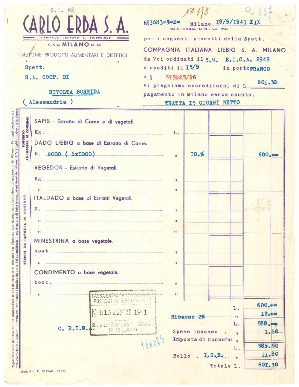 1941 MILANO Via C. Imbonati 24 - Carlo ERBA S.A. - Fattura per dado LIEBIG