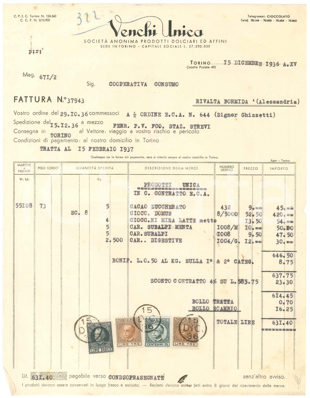1936 TORINO - VENCHI UNICA Società Anonima Prodotti dolciari ed affini - Fattura