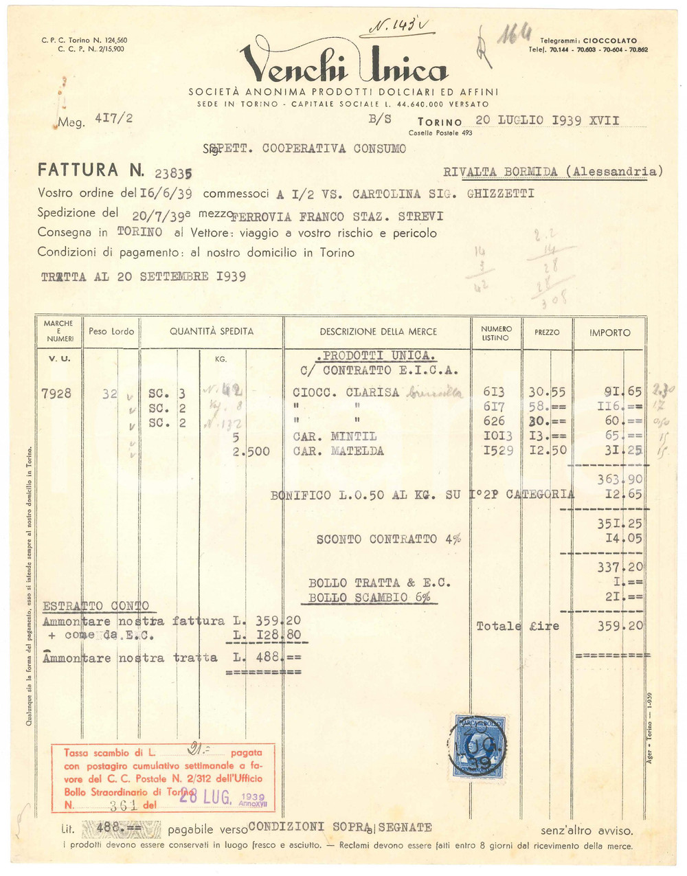 1939 TORINO - VENCHI UNICA Società Anonima Prodotti dolciari ed affini - Fattura