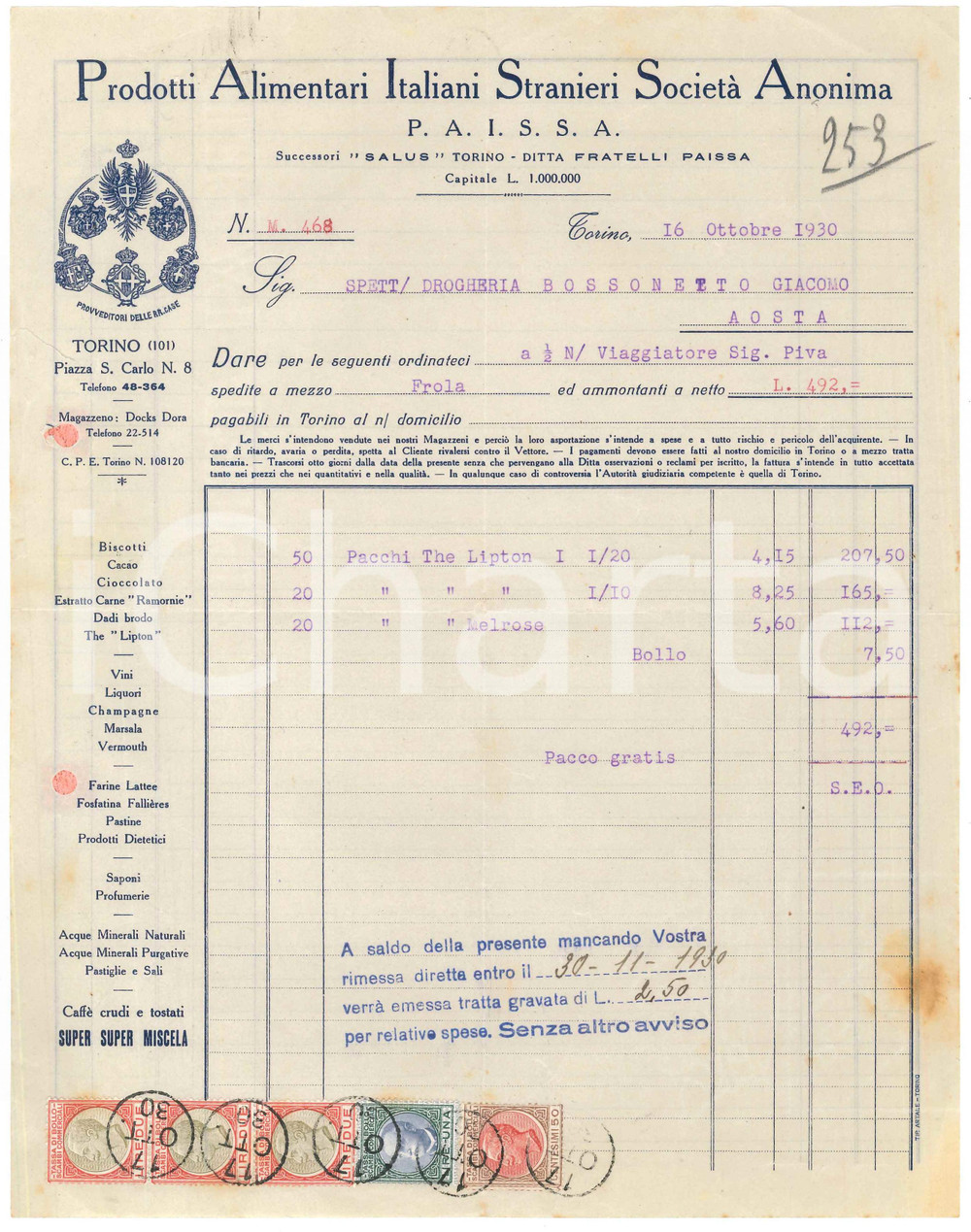 1930 TORINO Piazza S. Carlo 8 - P.A.I.S.S.A. Prodotti alimentari S.A. - Fattura Fattura commerciale d'epoca dattiloscritta, su carta intestata.Presenti marche da bollo.PAGINE: 1 POOR/danneggiato piegature d'epoca; fori da classificatore; piccoli fori da spillatura; macchie al lato destro; strappi marginali Formato: 22x28 cm originale e autentica 1