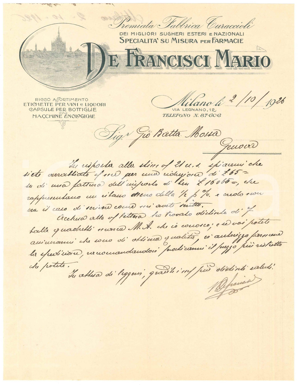 1926 MILANO via Legnano12 - Mario DE FRANCISCI - Fabbrica turaccioli - Lettera