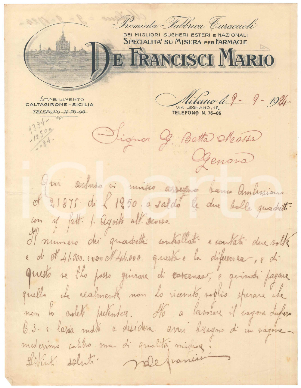 1924 MILANO via Legnano 12 - Mario DE FRANCISCI - Fabbrica turaccioli - Lettera Lettera commerciale d'epoca, manoscritta, su carta intestata illustrata.PAGINE: 1  FAIR/discreto piegature d'epoca  originale e autentica 1