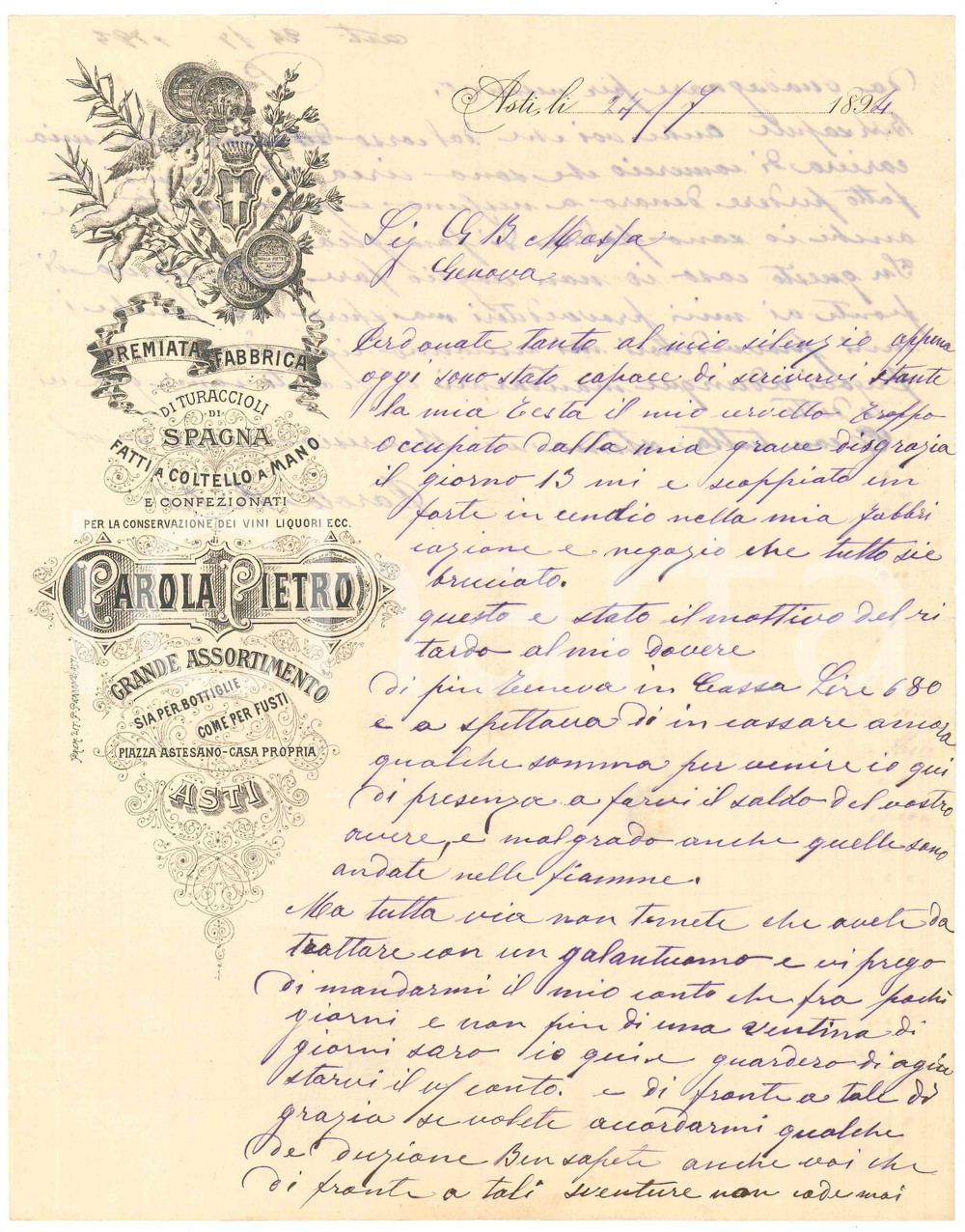 1894 ASTI Fabbrica Pietro PAROLA Turaccioli di Spagna ^Lettera commerciale